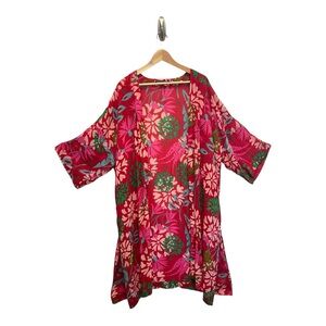 Gudrun Sjoden M Red Pink Floral Kimono Duster Coat Open Front Viscose Oversize